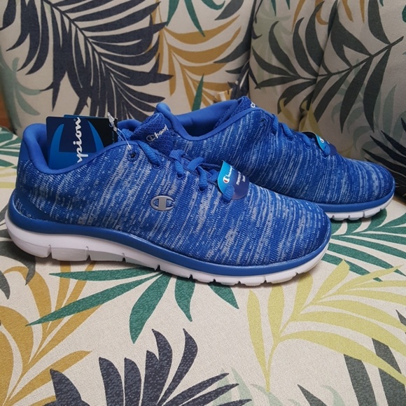 white and blue champion shoes